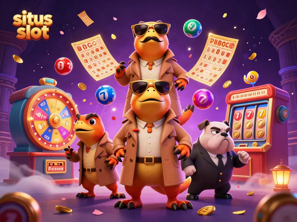 Experience the thrilling action of situs slot with cartoon raptors in a trench coat entering a VIP casino lounge.