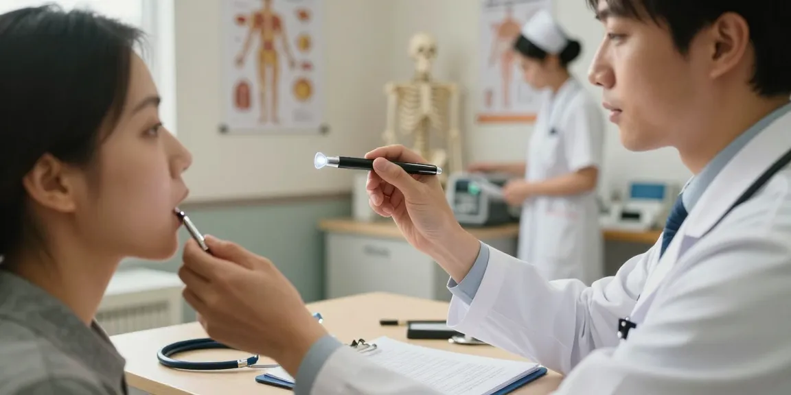 Medical professional using a pen light medical tool during a patient examination in a clinical setting.