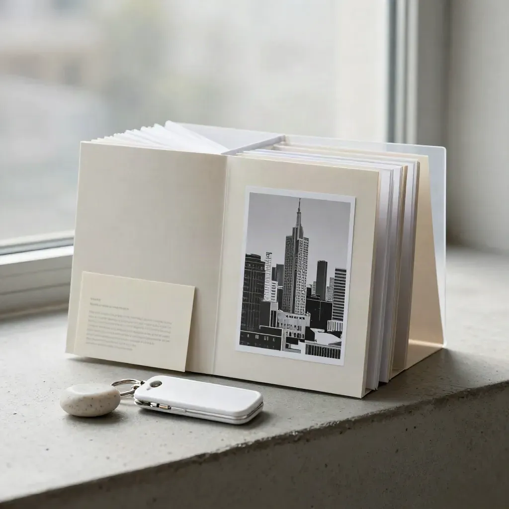 Half-open condo buyer plan folio with tabs, key fob, insert, and stone paperweight on concrete.