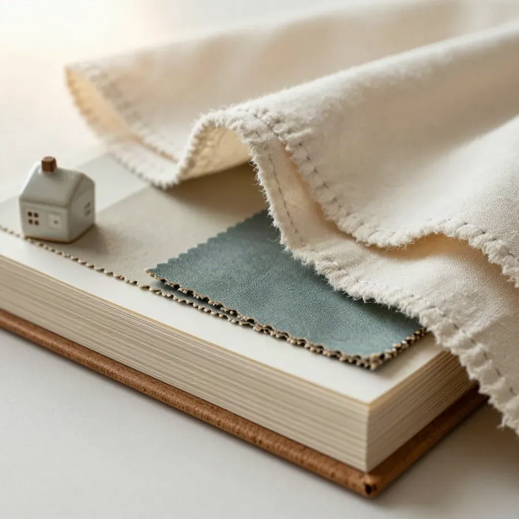 Oak veneer portfolio with swatches and ceramic house form nestled in cream fabric.