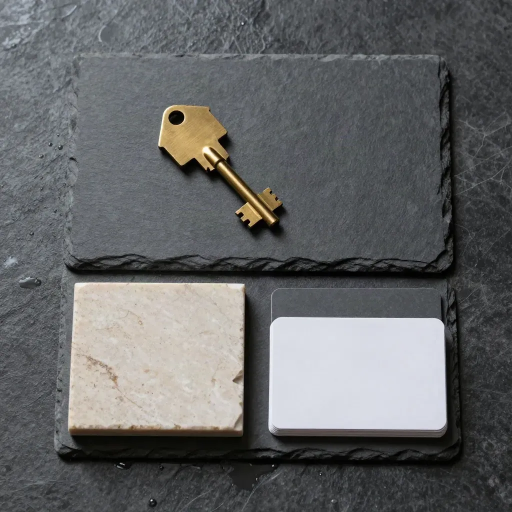 Overhead slate home price check bundle on wet stone with key, stone sample and cards