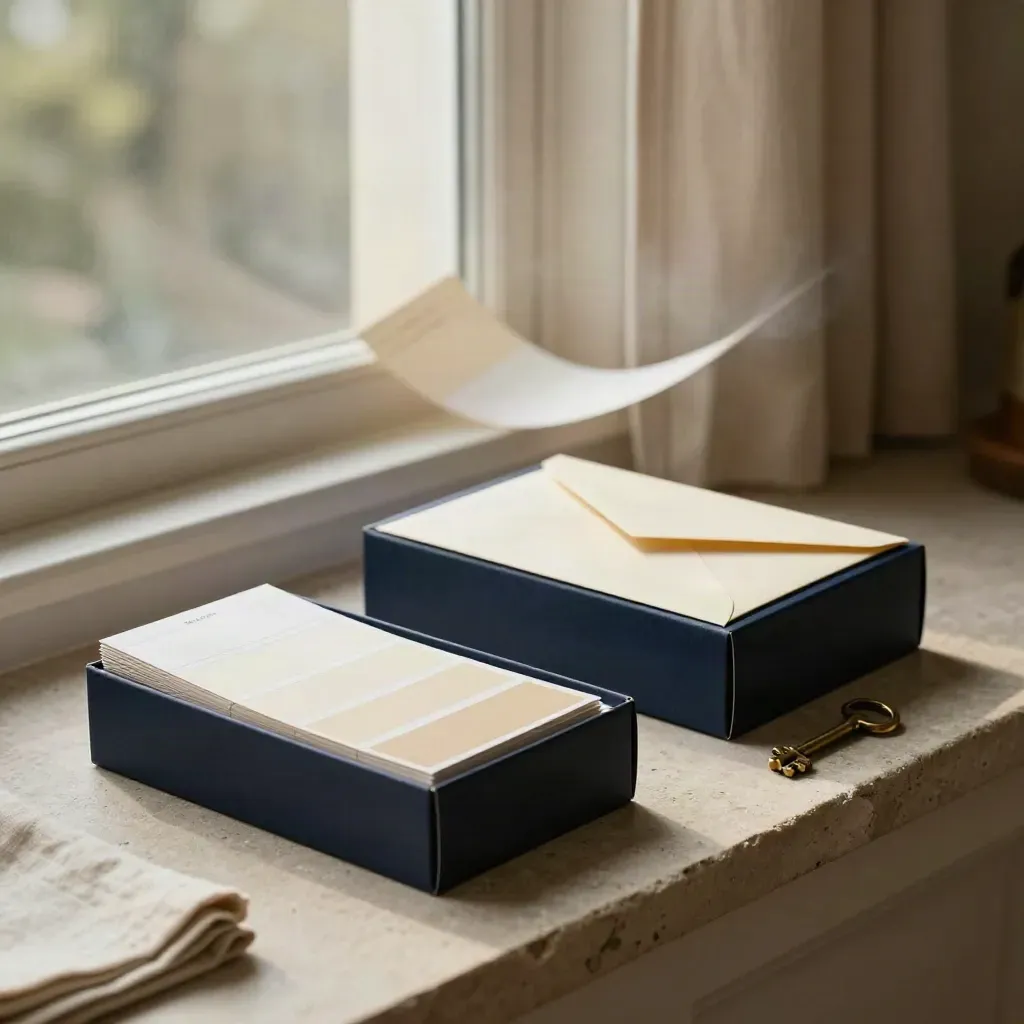 Navy seller launch pack with swatches, key, linen, and breeze on a stone window seat.