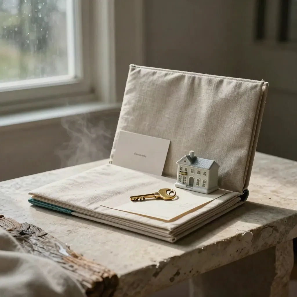 Linen buyer kit folio with key, house card, route sheet and townhouse model on a stone bench.