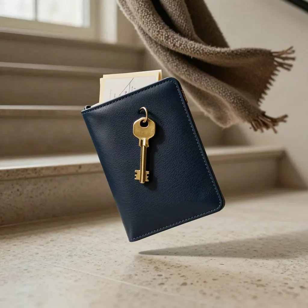 Navy relocation folio with key, pouch, route card, and wool wrap on a travertine stair landing