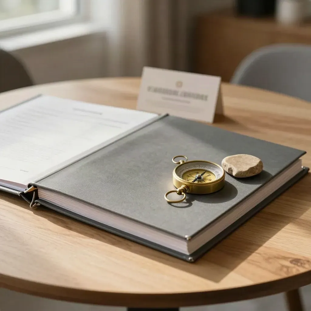 Slate deal binder with brass compass and stone sample on a walnut table.