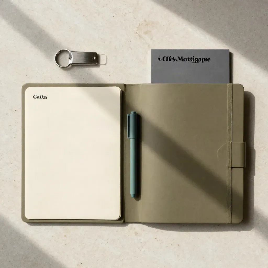 Overhead flatlay of a mortgage folder, key fob, ribbon marker and notebook on pale stone.