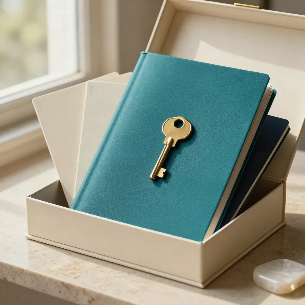 Teal real-estate pricing kit bursting from a box with brass key and stone sample