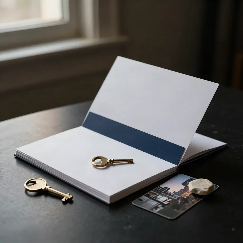 White Toronto buyer call folio with brass key, folded card and stone chip on black surface.