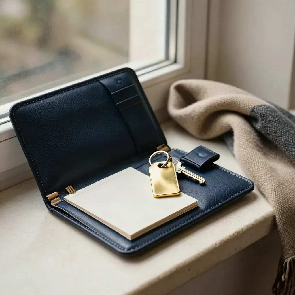 Ottawa relocation folio with pouch, brass tag and scarf in a soft studio window-lit hero shot.