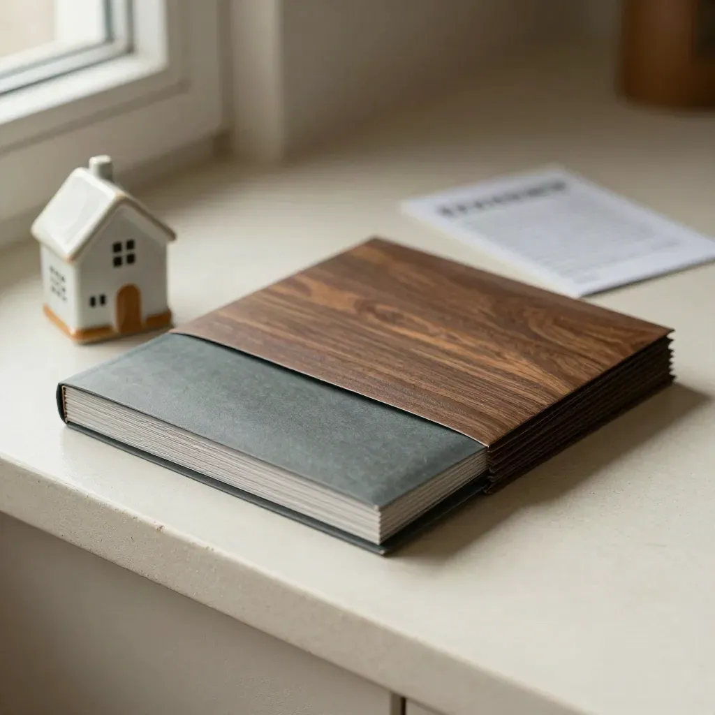 Slate market report packet with teal band and ceramic house on pale plaster