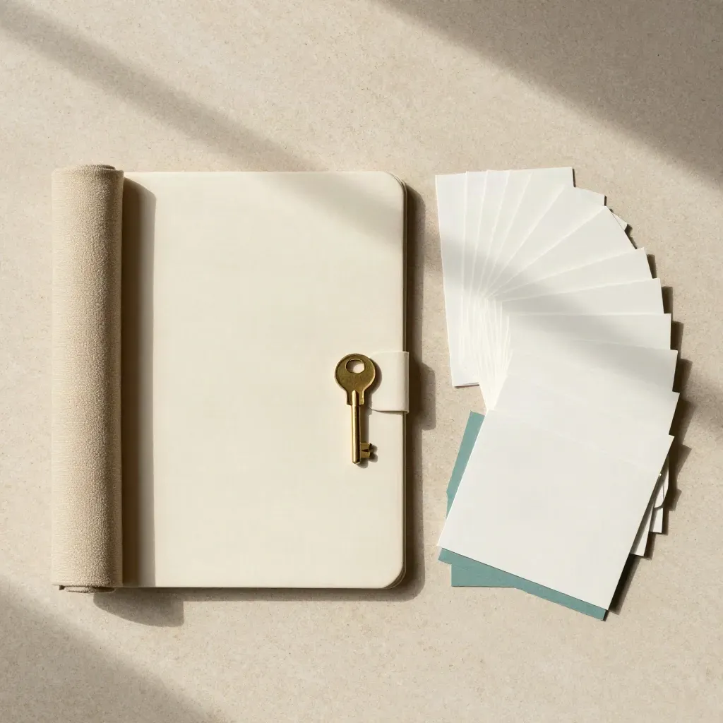 Overhead flatlay of a cream checklist kit with brass key, fabric wrap and blank room cards.