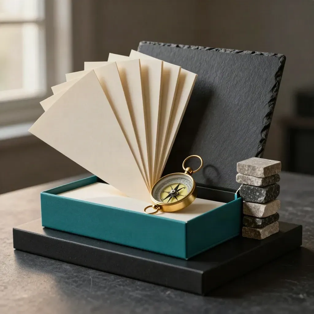 Teal investor notes kit with brass compass and stone samples on a dark plinth.