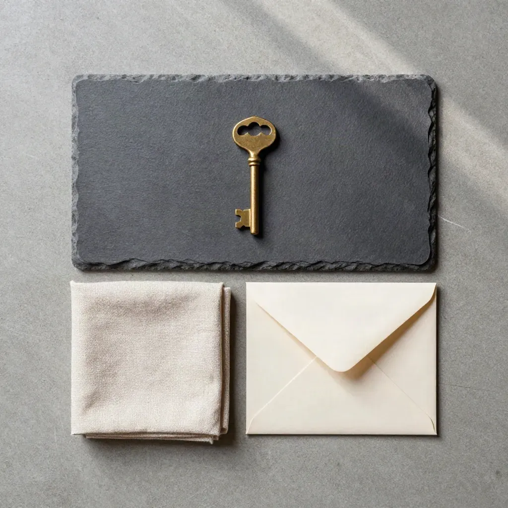 Overhead flatlay of a slate folio, brass key, linen cloth, and cream envelope sleeve on concrete.