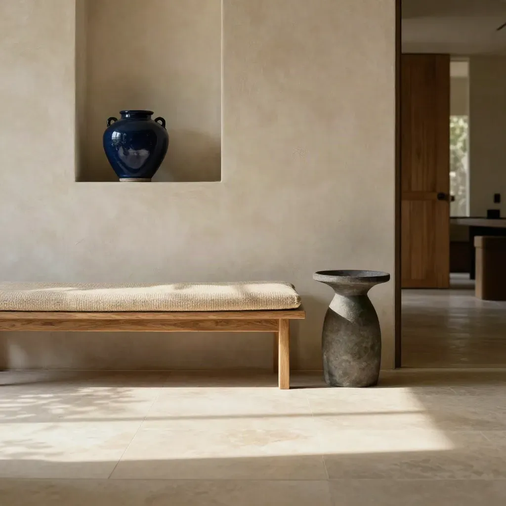 Stylish foyer with oak bench, plaster wall and soft morning light on a stone floor.