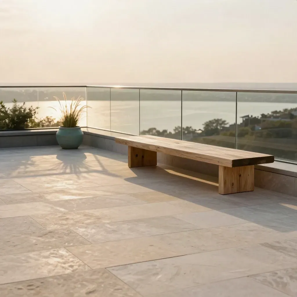 Sunlit rooftop terrace with stone pavers, glass railing and a blurred lake horizon.