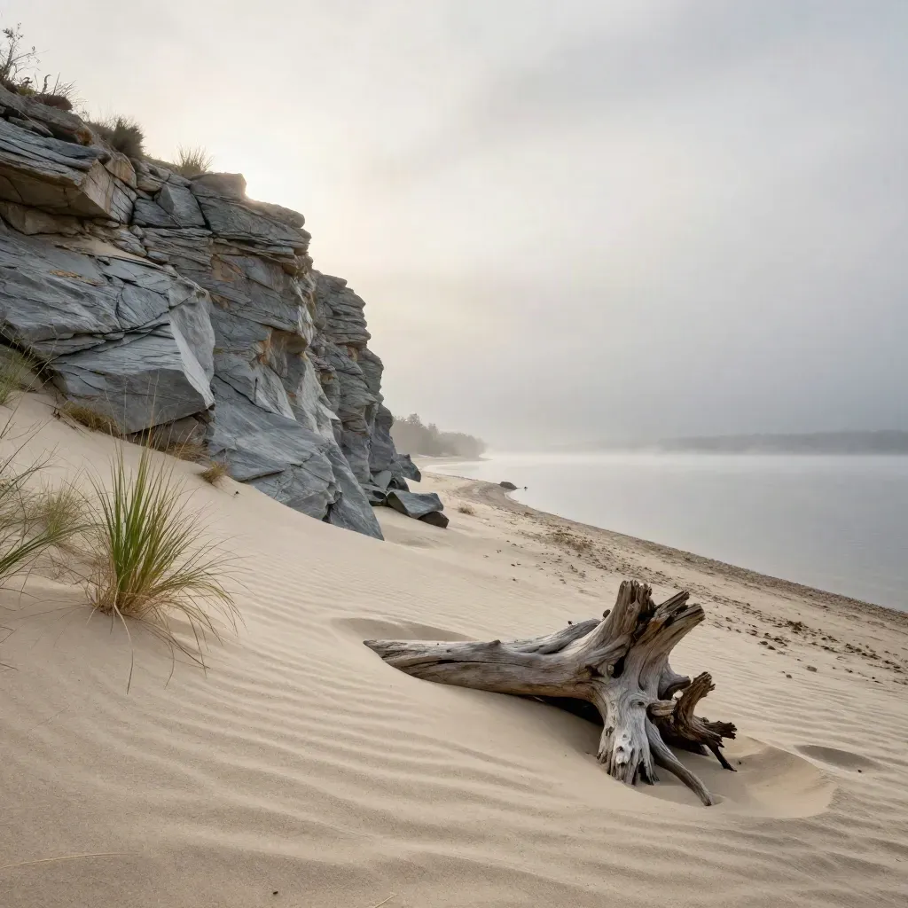 Windswept lakeside bluff with pale grass, smooth rock, misty water and distant shoreline.