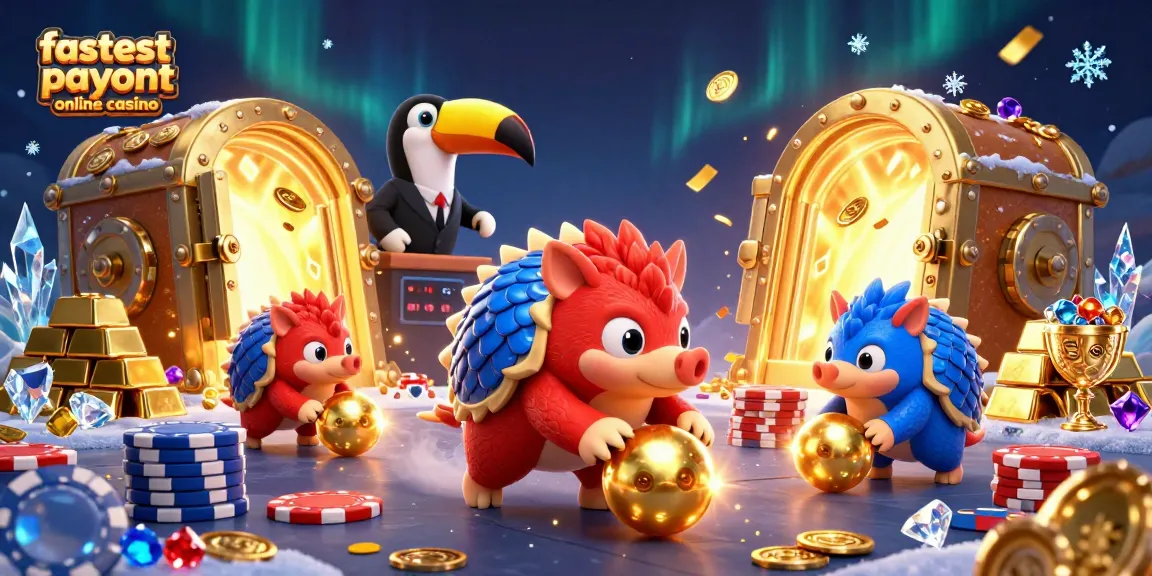 Bowling pangolins celebrate at the fastest payout online casino with gold and gems fluttering around.