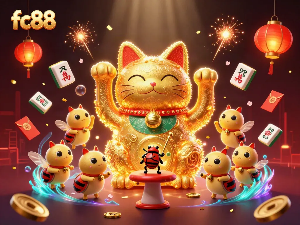 Experience the excitement at fc88 with a lively illustration of a lucky cat symbolizing winning in a vibrant casino.