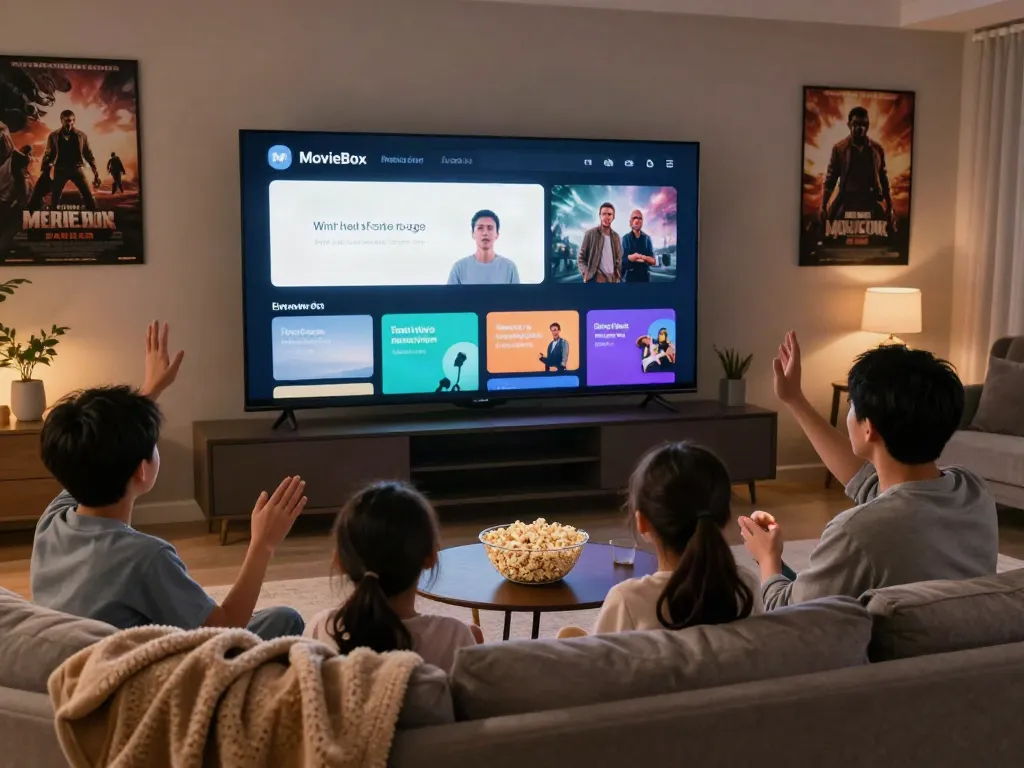 Family watching MovieBox app on TV, cozy living room setup with popcorn and movie posters.