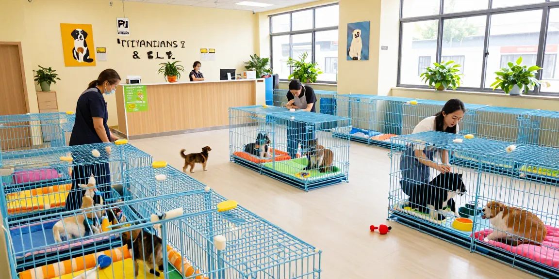 Pet Boarding cages for sale in a bright and inviting animal care facility with happy pets