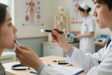 Medical professional using a pen light medical tool during a patient examination in a clinical setting.